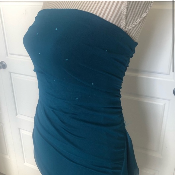 Aqua Strapless Dress w/ Asymetrical Fishtail Hem - Picture 2 of 6